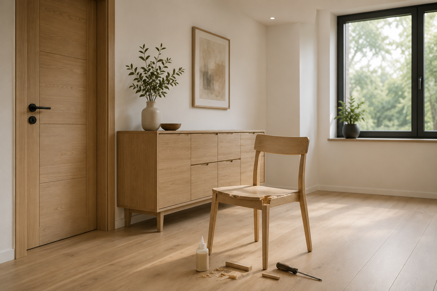 Reparatur eines Holzstuhls durch eine Tischlerei in Münster in einem modernen Wohnraum mit hochwertigen Holzmöbeln.
