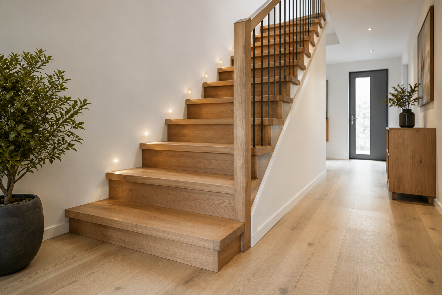 Maßgefertigte Holztreppe von einer Tischlerei in Münster mit moderner Gestaltung, hochwertigen Materialien und präziser Verarbeitung.